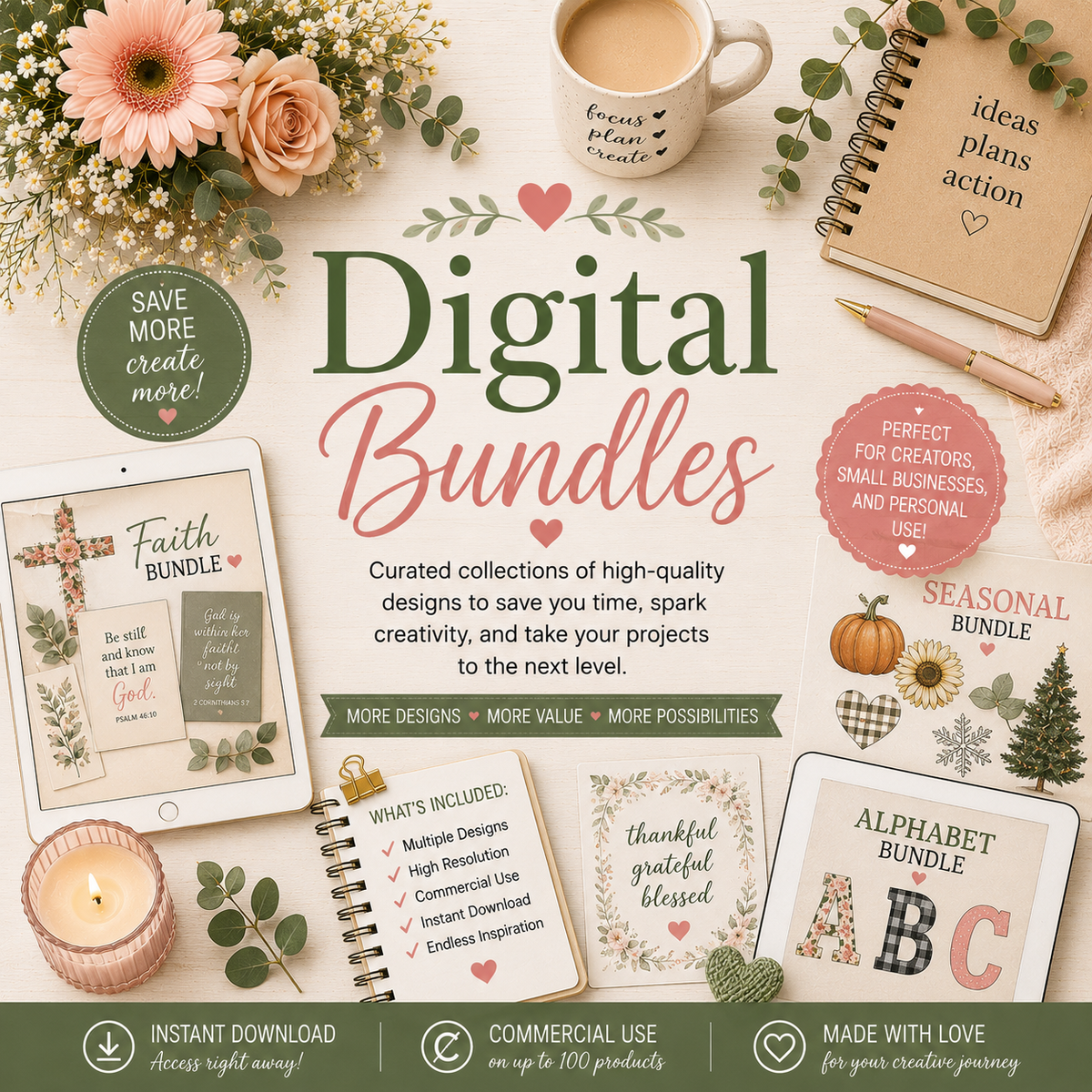 Pastel flat-lay collection banner featuring watercolor illustrations, flowers, notebooks, coffee, and creative supplies on a light wood background surrounding the title "Digital Bundles."