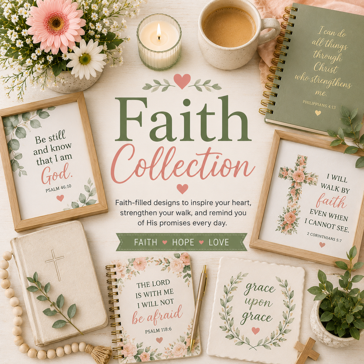 Pastel flat-lay collection banner with watercolor clip art, flowers, notebooks, coffee, strawberries, and creative supplies surrounding the title "Faith Collection" on a light wood background.