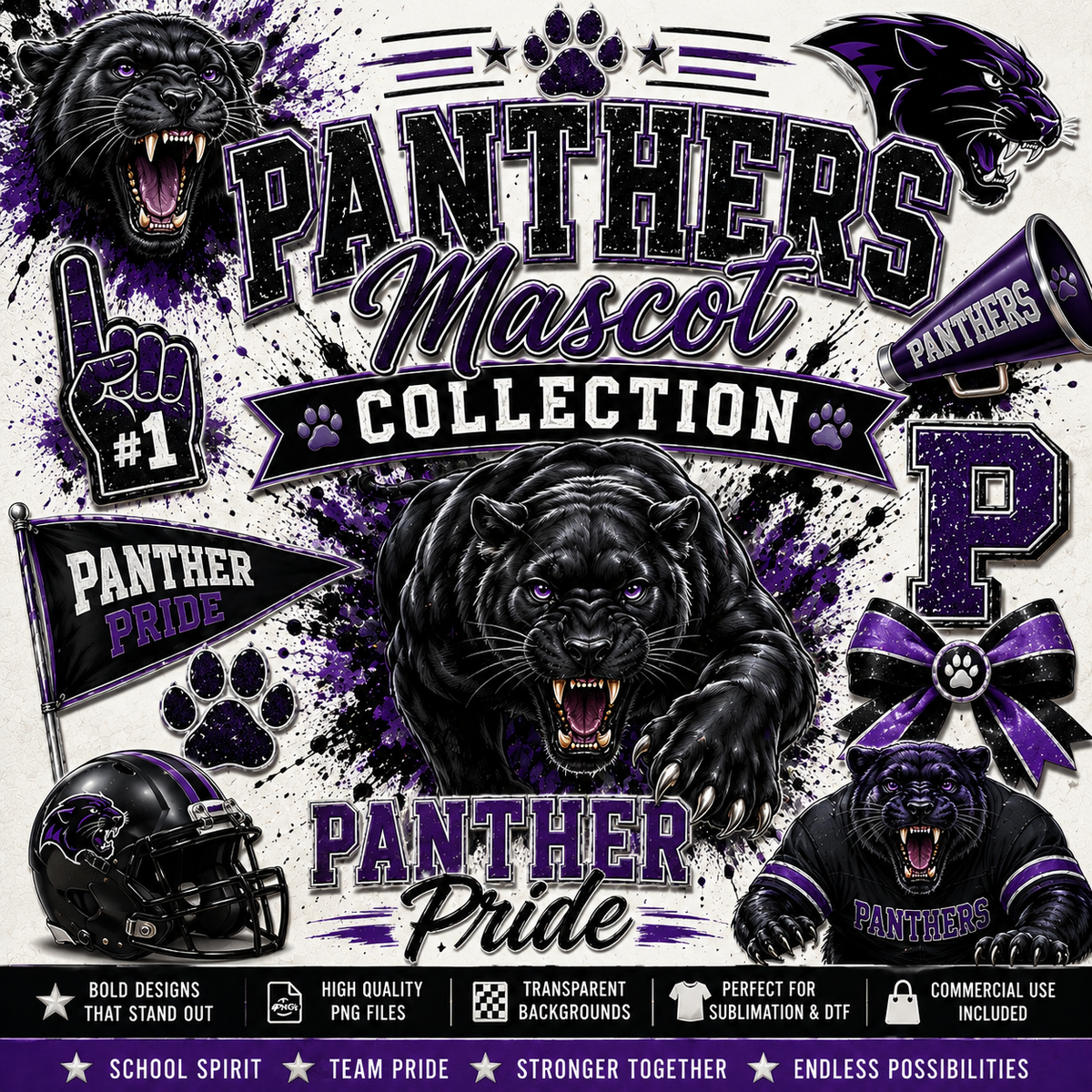 Panthers Mascot Collection featuring fierce panther school spirit PNG designs, mascot graphics, varsity-style artwork, and high-quality digital downloads for sublimation, custom apparel, and DIY crafts.