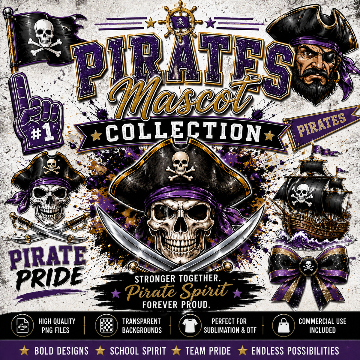 Pirates Mascot Collection featuring bold pirate school spirit PNG designs, mascot graphics, varsity-style artwork, and high-quality digital downloads for sublimation, custom apparel, and DIY crafts.