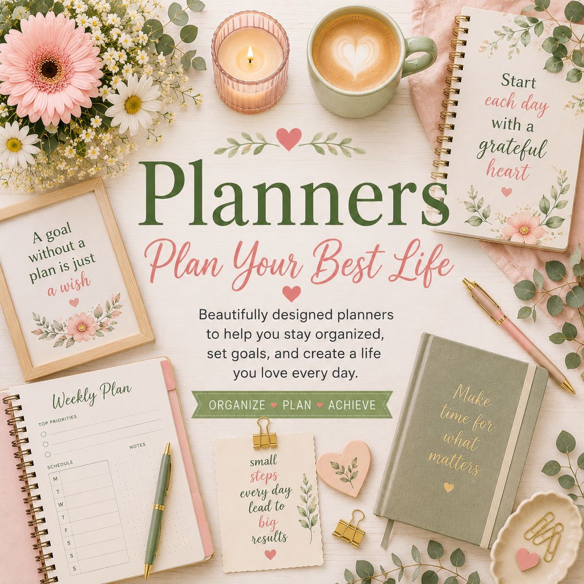 Pastel flat-lay collection banner with watercolor clip art, flowers, notebooks, coffee, strawberries, and creative supplies surrounding the title "Planners" on a light wood background.