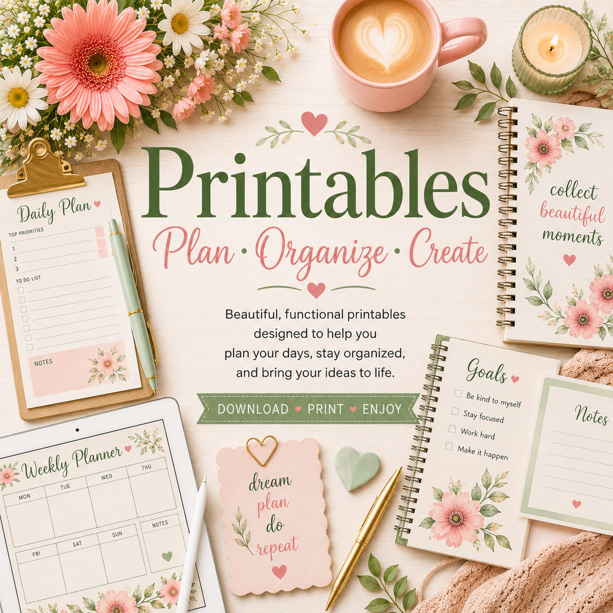 Pastel flat-lay collection banner featuring watercolor illustrations, flowers, notebooks, coffee, and creative supplies on a light wood background surrounding the title "Printables."