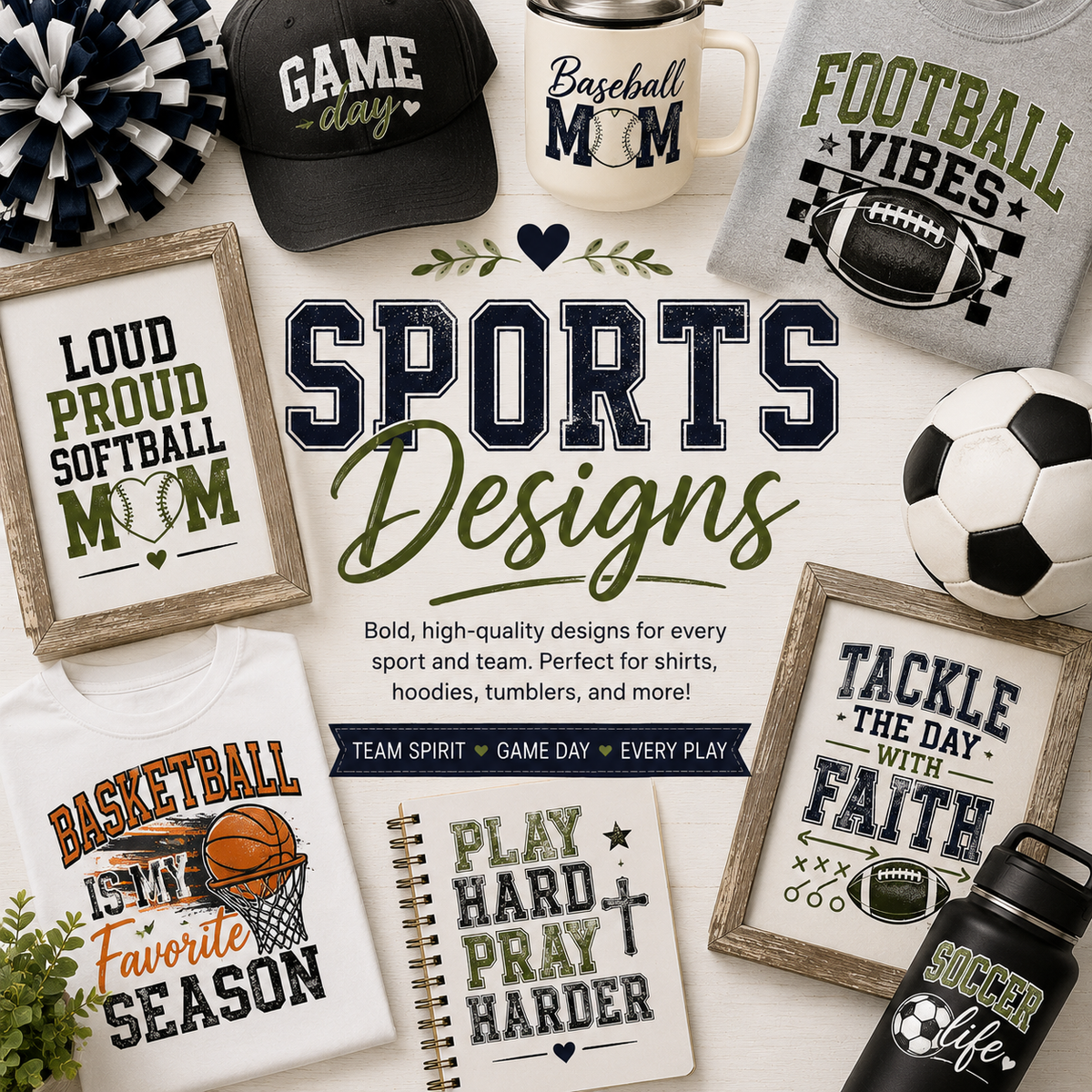 Pastel flat-lay collection banner with watercolor clip art, flowers, notebooks, coffee, strawberries, and creative supplies surrounding the title "Sports Designs" on a light wood background.