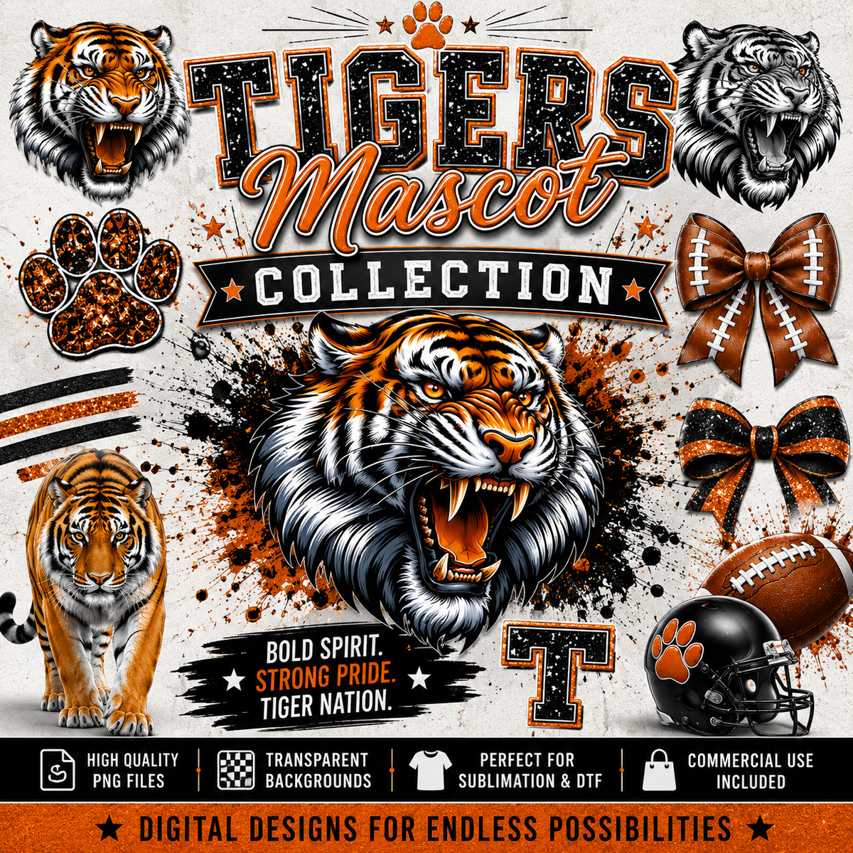 Tigers Mascot Collection featuring fierce tiger school spirit PNG designs, mascot graphics, varsity-style artwork, and high-quality digital downloads for sublimation, custom apparel, and DIY crafts.