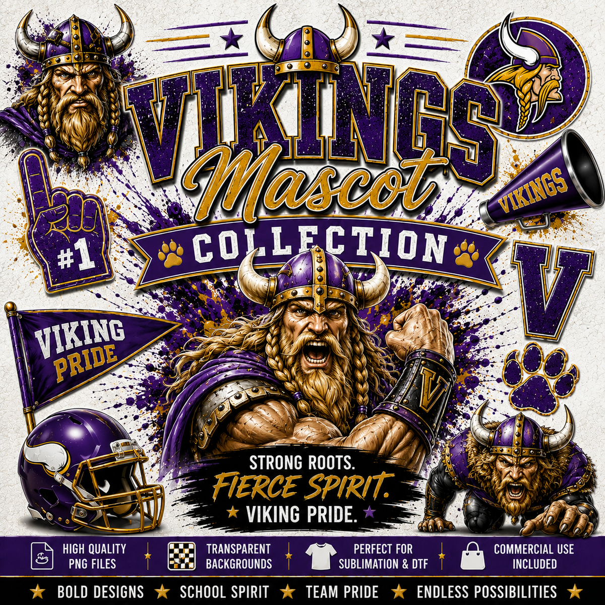 Vikings Mascot Collection featuring fierce Viking school spirit PNG designs, mascot graphics, varsity-style artwork, and high-quality digital downloads for sublimation, custom apparel, and DIY crafts.