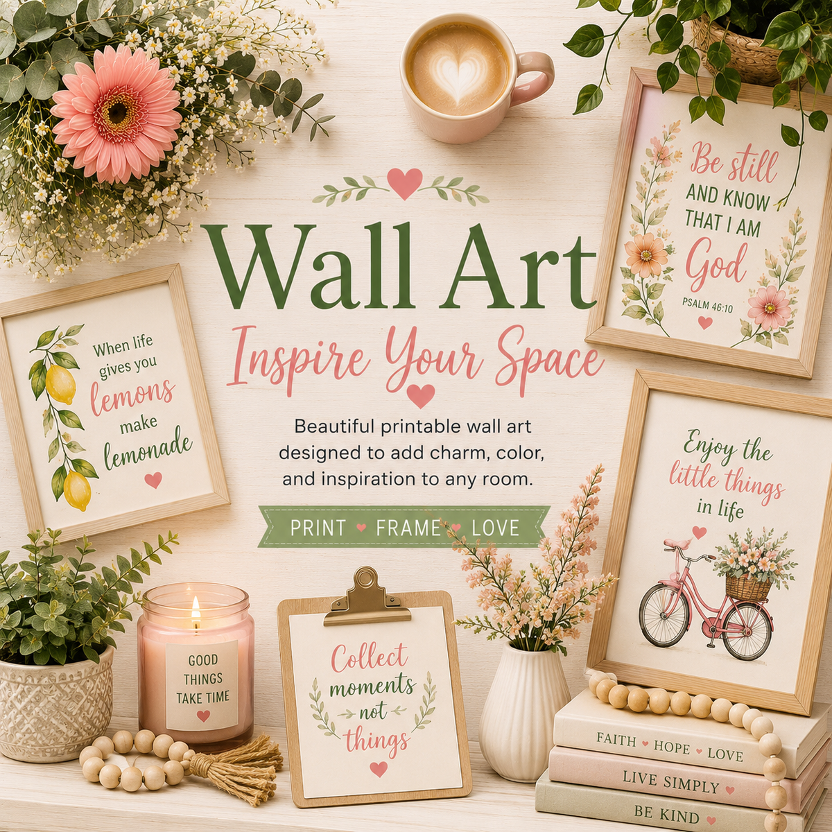 Pastel flat-lay collection banner featuring watercolor illustrations, flowers, notebooks, coffee, and creative supplies on a light wood background surrounding the title "Wall Art."