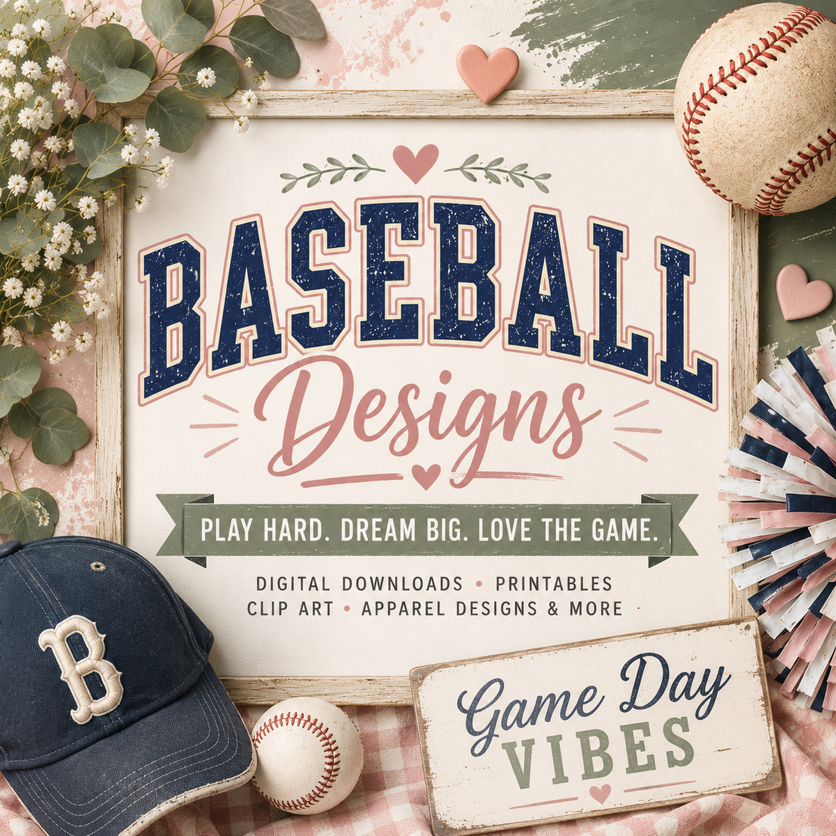 Vintage baseball-themed collection image with baseball cap, glove, baseball, florals, pom poms, and rustic "Baseball Designs" sign in soft blush, cream, sage, and navy.