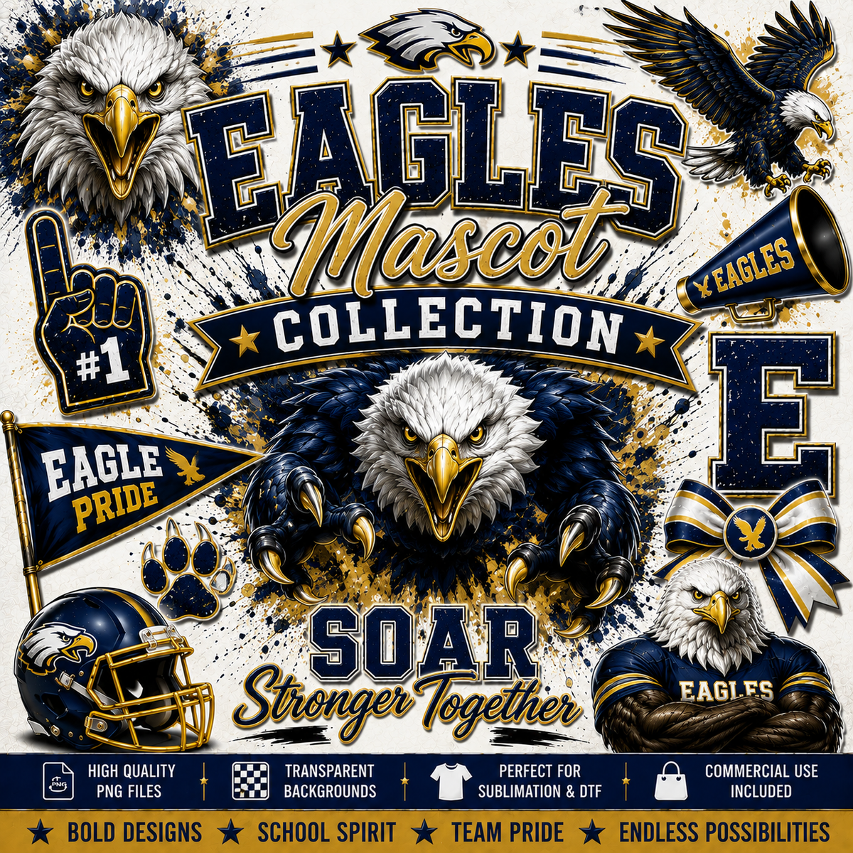 Eagles Mascot Collection featuring fierce eagle school spirit PNG designs, mascot graphics, varsity-style artwork, and high-quality digital downloads for sublimation, custom apparel, and DIY crafts.