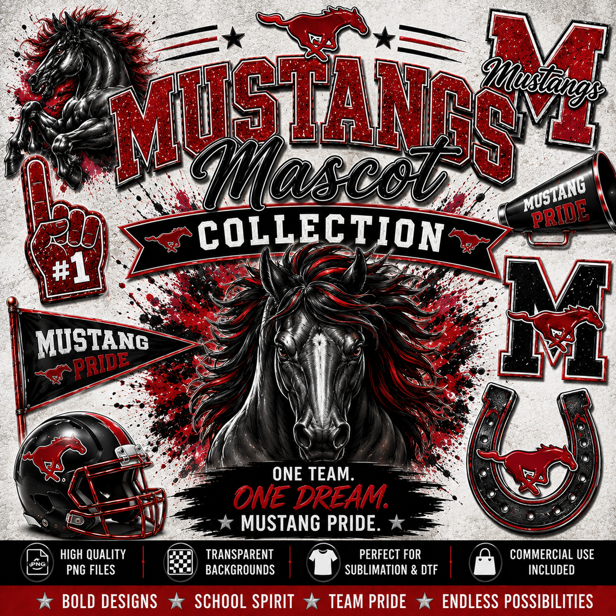 Mustangs Mascot Collection featuring bold Mustang school spirit PNG designs, mascot graphics, varsity-style artwork, and high-quality digital downloads for sublimation, custom apparel, and DIY crafts.