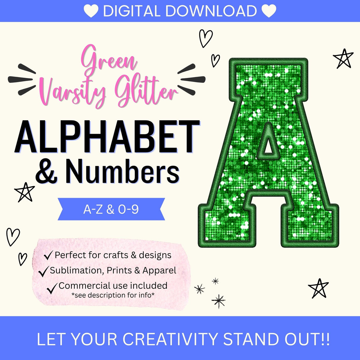 Green Glitter Varsity Alphabet & Number Clip Art Bundle PNG | A-Z Letters & 0-9 Numbers | Commercial Use | Sublimation Alphabet | Digital Download