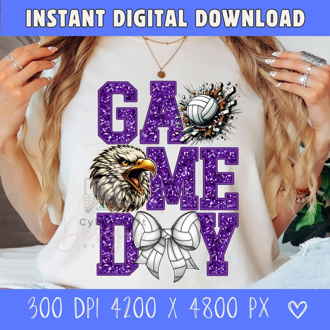 Purple glitter Game Day Eagles volleyball PNG digital download featuring varsity lettering, volleyball graphic, eagles, and volleyball bow for sublimation, DTF printing, school spirit shirts, and volleyball mom crafts. 