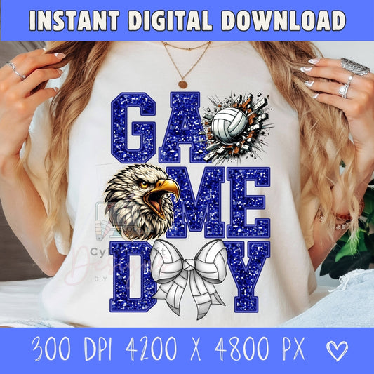 Blue glitter Game Day Eagles volleyball PNG digital download featuring varsity lettering, volleyball graphic, pirate mascot, and volleyball bow for sublimation, DTF printing, school spirit shirts, and volleyball mom crafts. 