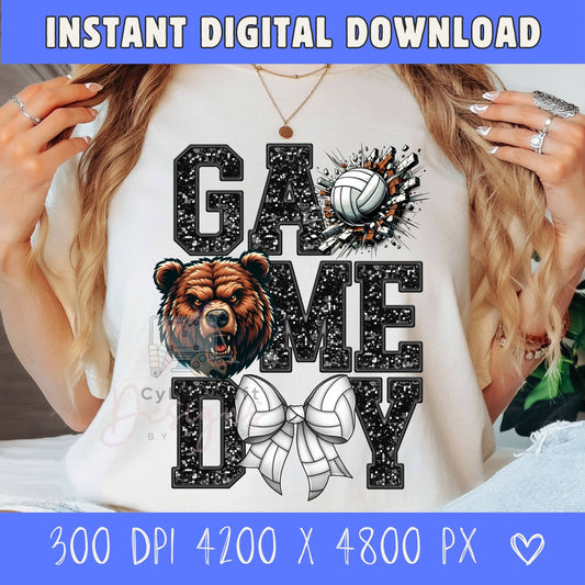 A woman wearing a white graphic t-shirt with a black and white 'Game Day' design featuring a bear head, volleyball, and ribbon bow. The image includes blue banners at the top and bottom with text 'INSTANT DIGITAL DOWNLOAD' and size details.