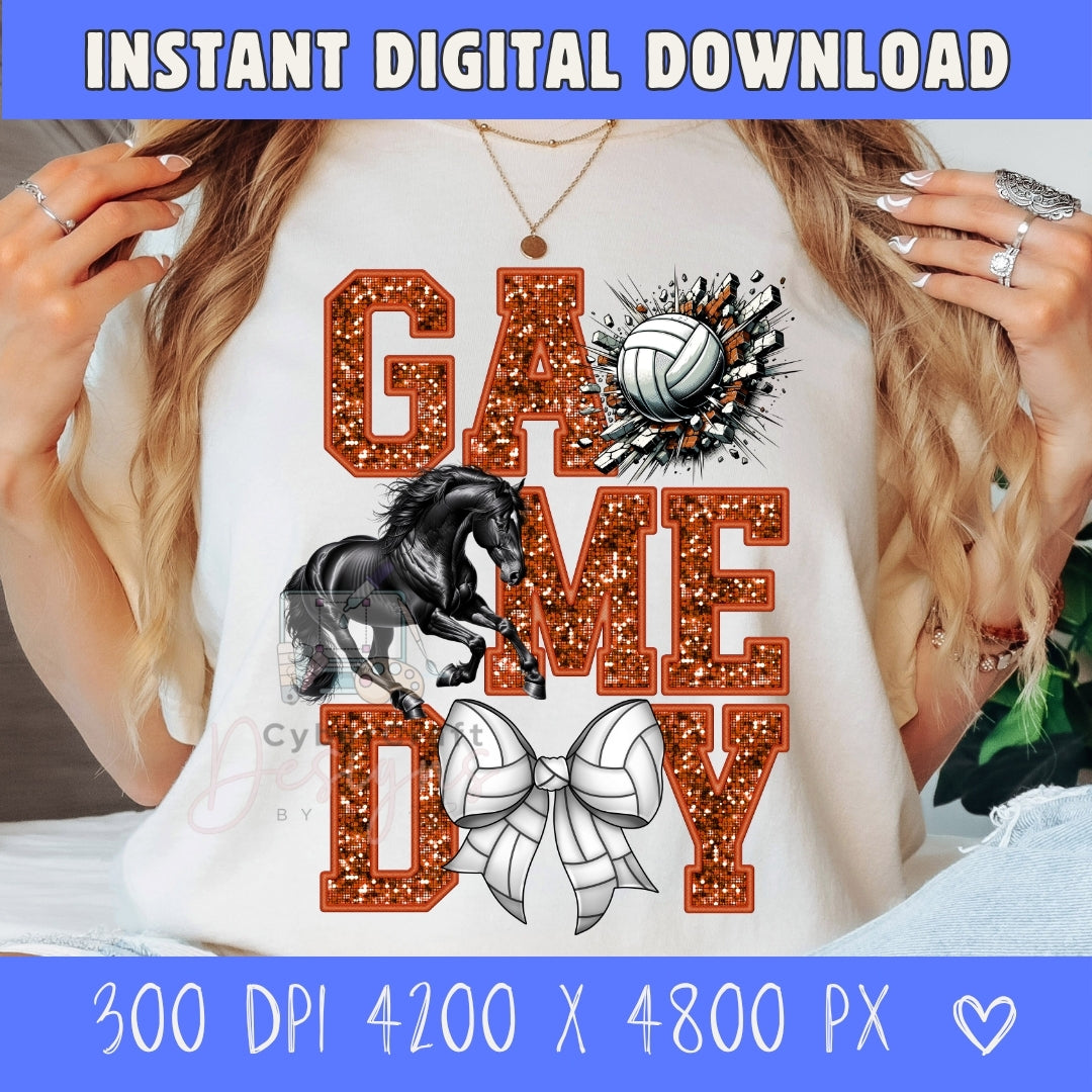 A woman wearing a white graphic sweatshirt with a glittery orange 'GAME DAY' design featuring a black horse, volleyball, and white bow. The image includes a blue banner at the top and bottom with text reading 'INSTANT DIGITAL DOWNLOAD' and '300 DPI 4200 X 4800 PX'.