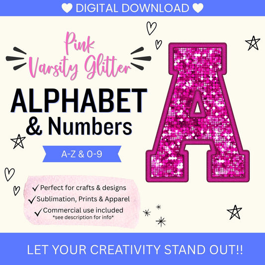 Pink Glitter Varsity Alphabet & Number Clip Art Bundle PNG | A-Z Letters & 0-9 Numbers | Commercial Use | Sublimation Alphabet | Digital Download
