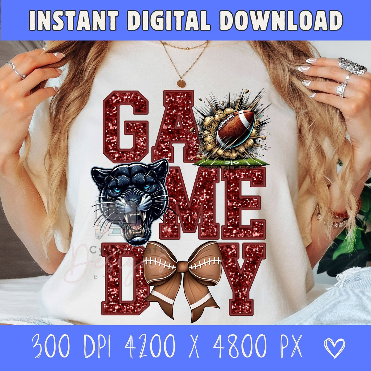 Maroon glitter Game Day Panther football PNG digital download featuring varsity lettering, football graphic, pirate mascot, and football bow for sublimation, DTF printing, school spirit shirts, and football mom crafts. 