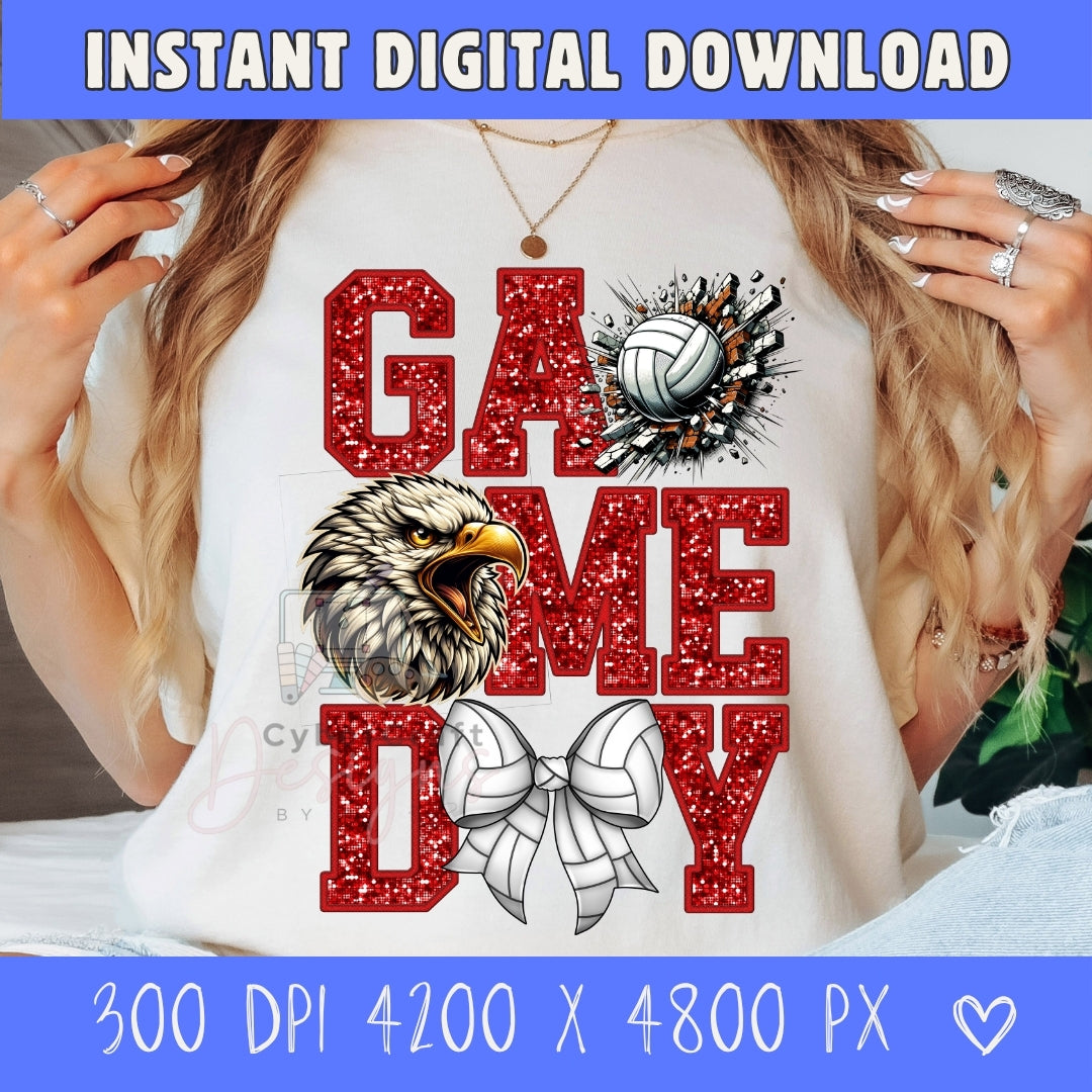 Red glitter Game Day Eagles volleyball PNG digital download featuring varsity lettering, volleyball graphic, eagles, and volleyball bow for sublimation, DTF printing, school spirit shirts, and volleyball mom crafts. 