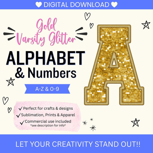 Gold Glitter Varsity Alphabet & Number Clip Art Bundle PNG | A-Z Letters & 0-9 Numbers | Commercial Use | Sublimation Alphabet | Digital Download