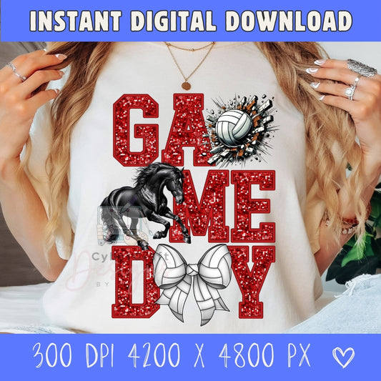 A person wearing a white graphic T-shirt with a red glitter-style 'GAME ME DAY' design, including a black horse, volleyball, and white ribbon motif. The photo is cropped from the shoulders to the torso, with hands visible on both sides.