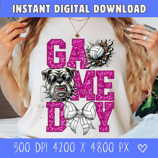A digital mockup of a white graphic t-shirt featuring a 'Game Day' design with a bulldog wearing sunglasses, a volleyball, and a ribbon bow in glittery pink. The image includes a model wearing the shirt, with a blue banner at the top reading 'INSTANT DIGITAL DOWNLOAD' and a blue banner at the bottom displaying file details.