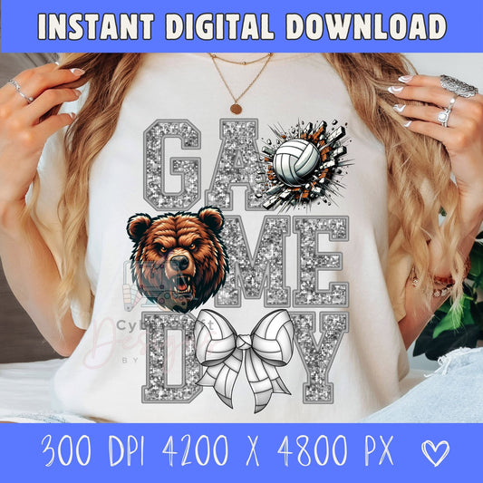 A woman wearing a white graphic t-shirt with a glitter-textured 'GAME TIME DAY' design featuring a brown bear head, a volleyball, and a white ribbon bow. The image has blue banners at the top and bottom with text reading 'INSTANT DIGITAL DOWNLOAD' and '300 DPI 4200 X 4800 PX'.
