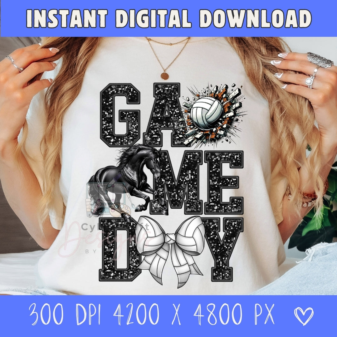 A woman wearing a white graphic t-shirt with a black and white 'Game Day' design featuring a horse, volleyball, and ribbon bow. The image includes blue banners at the top and bottom with text reading 'INSTANT DIGITAL DOWNLOAD' and size details.