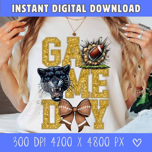 Gold glitter Game Day Panther football PNG digital download featuring varsity lettering, football graphic, pirate mascot, and football bow for sublimation, DTF printing, school spirit shirts, and football mom crafts. 