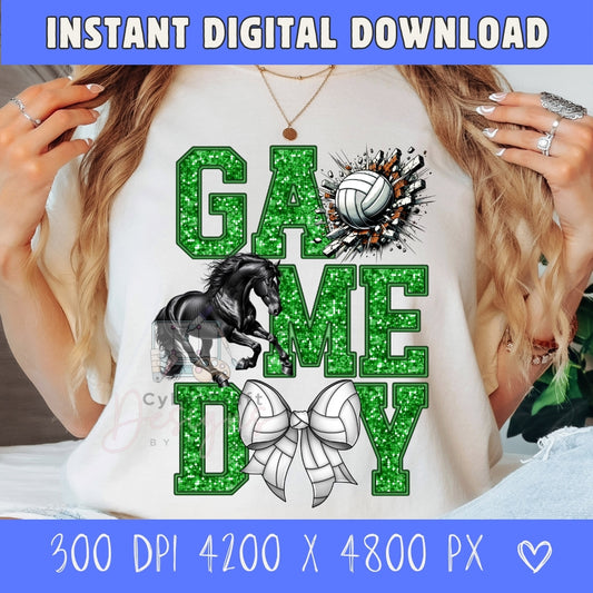 A woman wearing a white graphic sweatshirt with green glitter-style text reading 'GAME DAY,' a black horse illustration, a volleyball graphic, and a white bow. The photo is cropped from the shoulders to the torso, with hands visible on both sides.