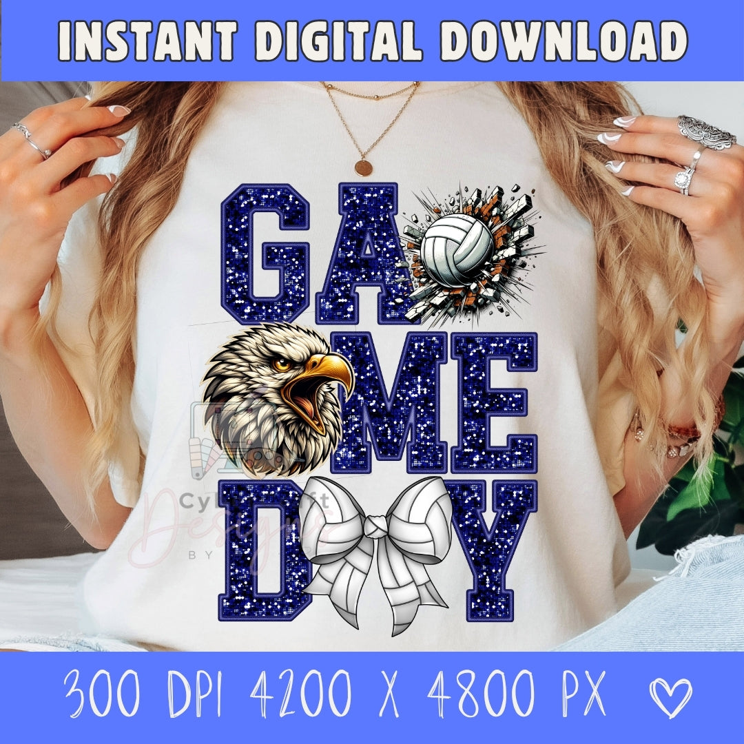 A woman wearing a white graphic T-shirt with a blue and white 'Game Day' design featuring a volleyball, eagle, and ribbon. The image includes digital download promotional text banners at the top and bottom.