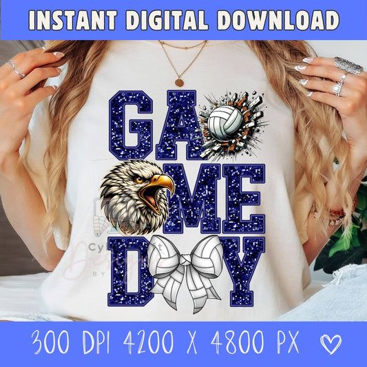 A woman wearing a white graphic T-shirt with a blue and white 'Game Day' design featuring a volleyball, eagle, and ribbon. The image includes digital download promotional text banners at the top and bottom.