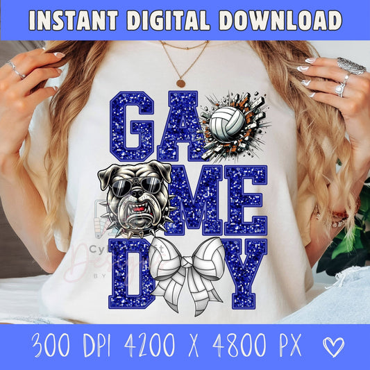 A woman wearing a white graphic t-shirt with a blue and black 'Game Day' design featuring a bulldog, volleyball, and ribbon. The image includes a blue banner at the top and bottom with text reading 'INSTANT DIGITAL DOWNLOAD' and file specifications.