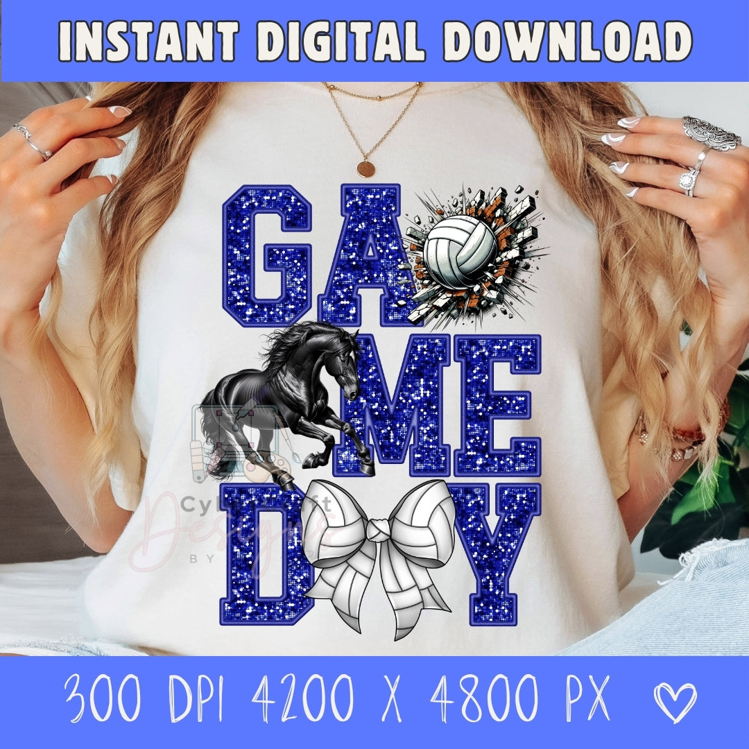 A woman wearing a white graphic sweatshirt with a blue and black 'Game Day' design featuring a horse, volleyball, and bow. The image includes a blue banner at the top and bottom with text reading 'INSTANT DIGITAL DOWNLOAD' and '300 DPI 4200 X 4800 PX'.