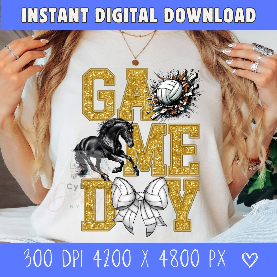 A person wearing a white graphic sweatshirt with a 'GAME DAY' design in glittery gold letters, featuring a black horse, volleyball, and volleyball bow. The image includes 'INSTANT DIGITAL DOWNLOAD' and size text banners at the top and bottom.