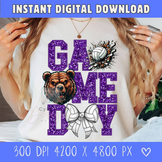 A woman wearing a white graphic t-shirt featuring a purple glitter-textured 'GAME ME DAY' design with a brown bear head, a volleyball, and a white ribbon bow. The image includes blue banners at the top and bottom with text reading 'INSTANT DIGITAL DOWNLOAD' and file specifications.
