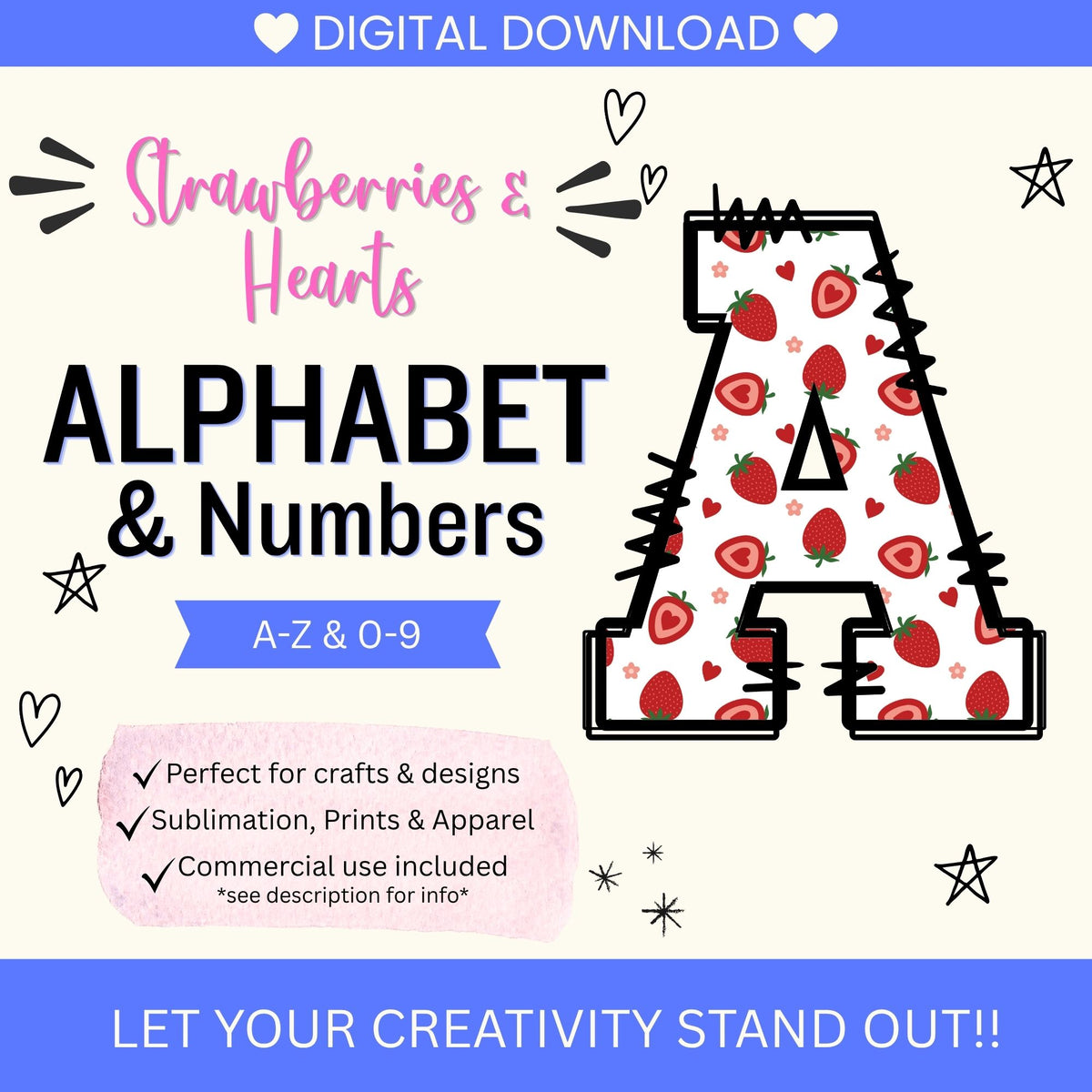 Strawberries & Hearts Alphabet Clip Art Bundle PNG | A-Z Letters & 0-9 Numbers | Cute Valentine Alphabet | Commercial Use | Digital Download