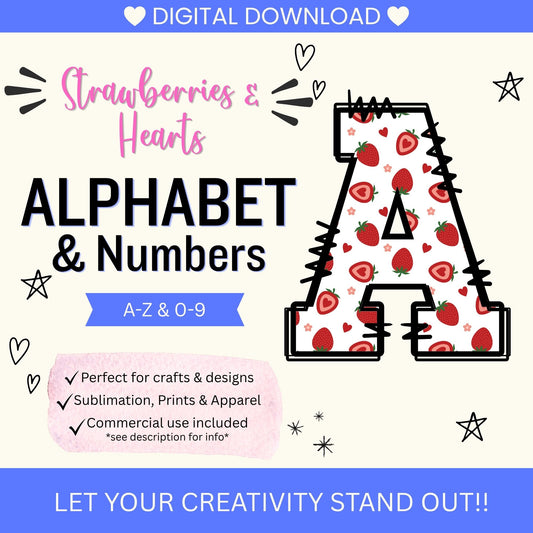 Strawberries & Hearts Alphabet Clip Art Bundle PNG | A-Z Letters & 0-9 Numbers | Cute Valentine Alphabet | Commercial Use | Digital Download