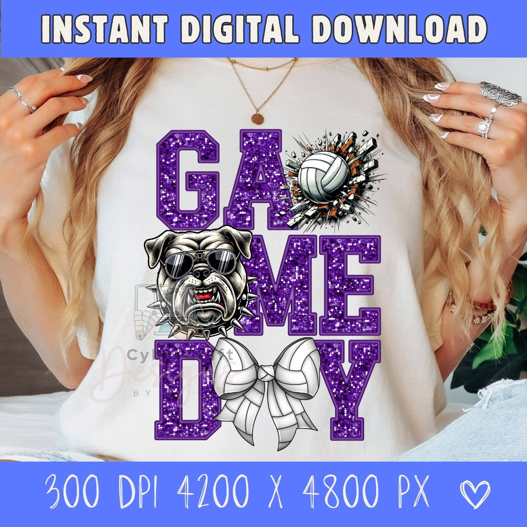 A person wearing a white sweatshirt with a large purple glitter-style 'GAME DAY' graphic, a bulldog illustration, a volleyball, and a white ribbon bow. The photo is overlaid with blue banners reading 'INSTANT DIGITAL DOWNLOAD' and '300 DPI 4200 X 4800 PX'.