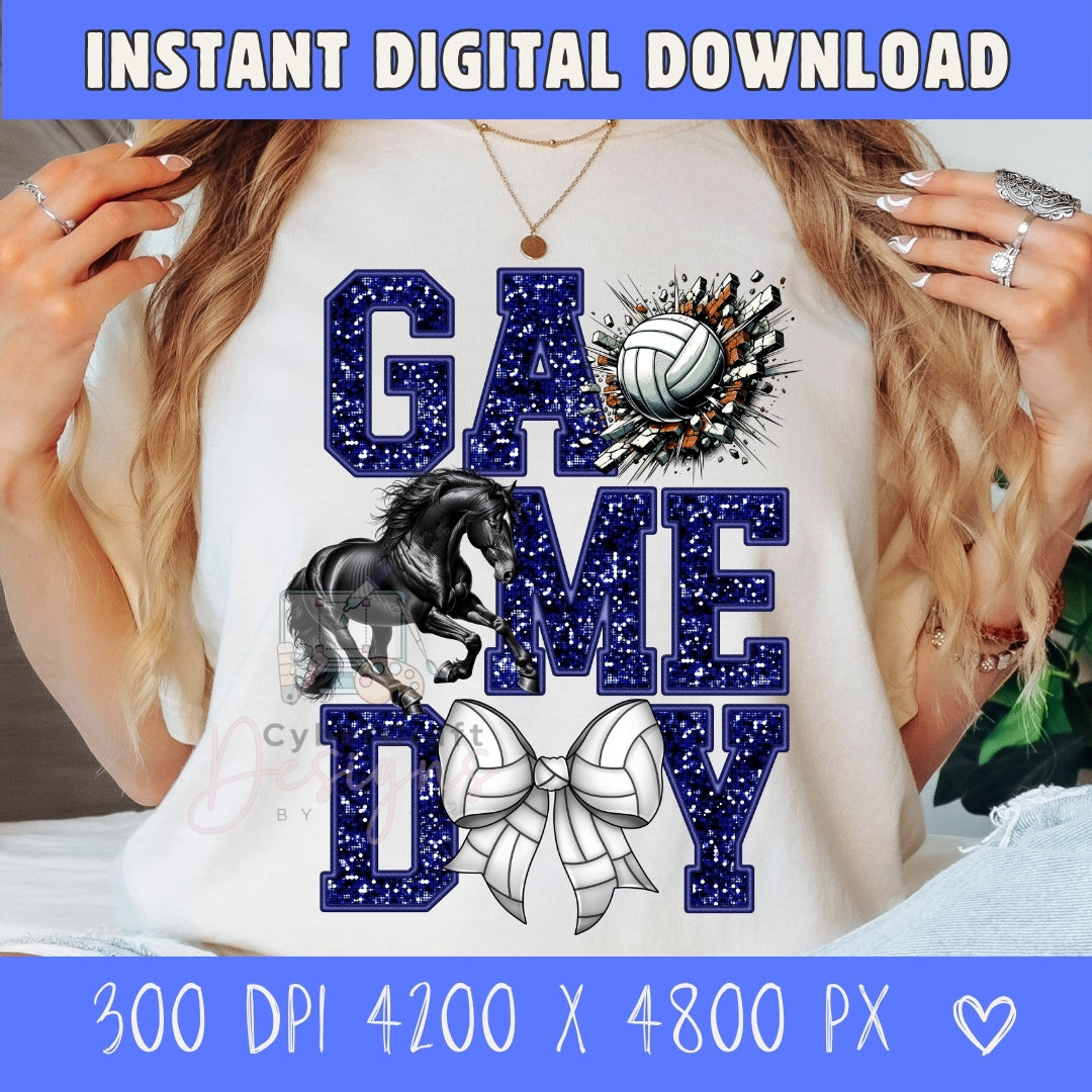 A woman wearing a white graphic T-shirt with a blue and white 'Game Day' design featuring a horse, volleyball, and ribbon. The image includes a blue banner at the top reading 'INSTANT DIGITAL DOWNLOAD' and a blue banner at the bottom with file size details.