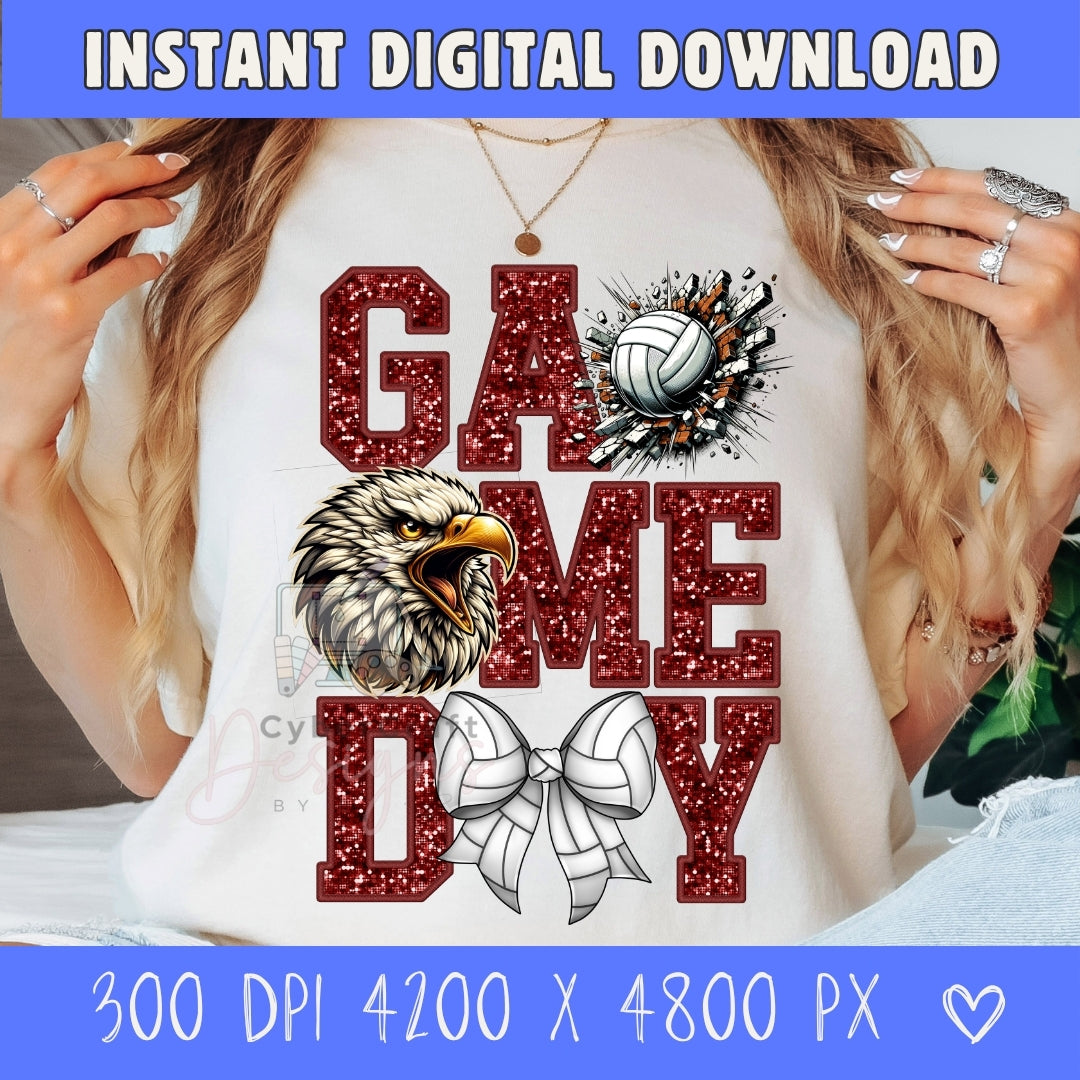 A woman wearing a white graphic t-shirt with a 'GAME DAY' design featuring red glitter-textured letters, a volleyball, a hawk, and a bow tie. The image includes digital mockup overlays with text banners at the top and bottom.
