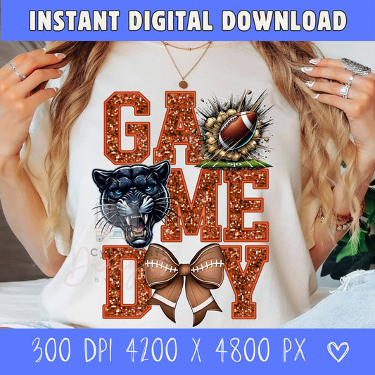 Orange glitter Game Day Panther football PNG digital download featuring varsity lettering, football graphic, pirate mascot, and football bow for sublimation, DTF printing, school spirit shirts, and football mom crafts. 