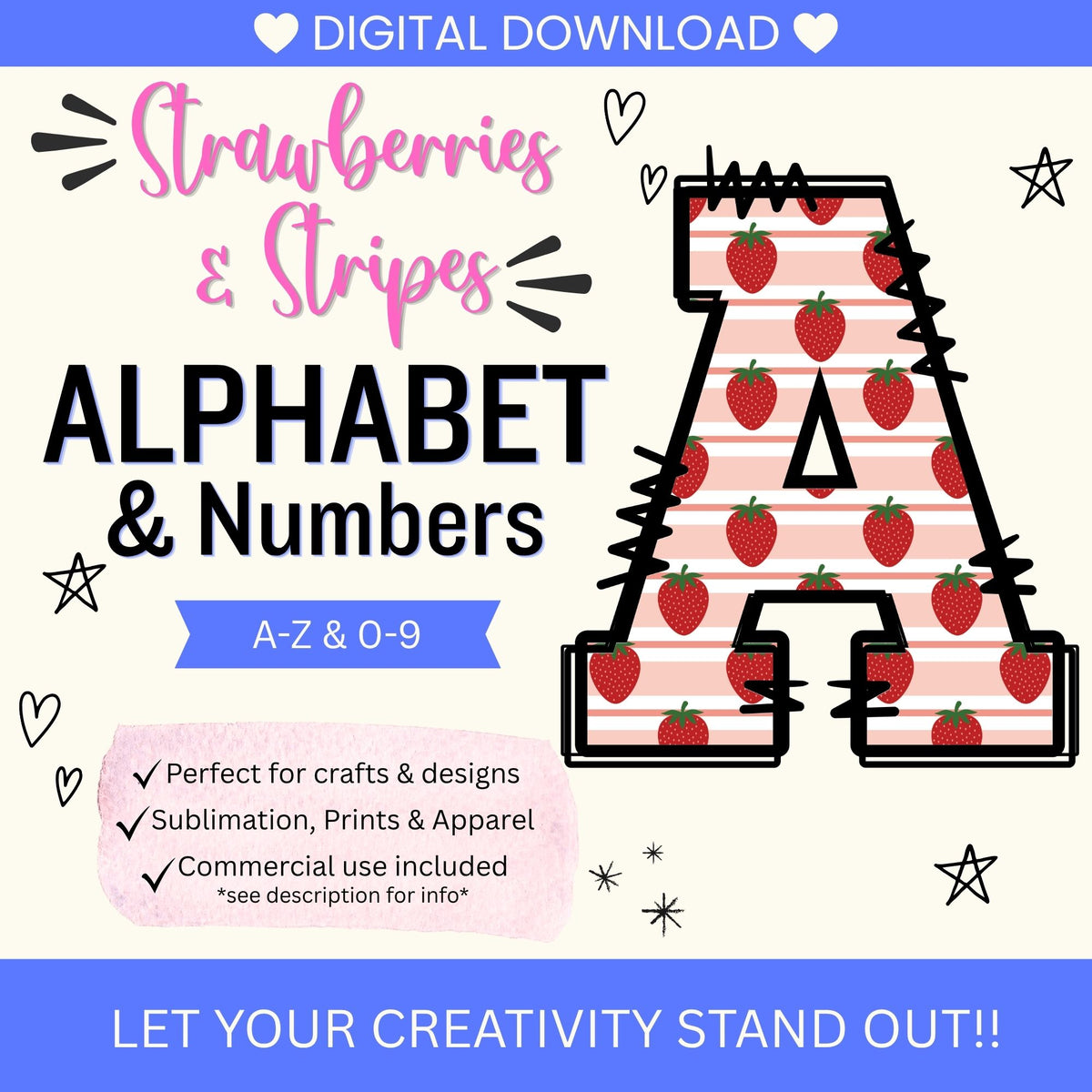 Strawberries & Stripes Alphabet PNG Bundle | 36 Strawberry Letter & Number Clipart Files | A-Z & 0-9 Commercial Use Digital Download