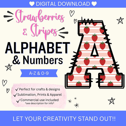 Strawberries & Stripes Alphabet PNG Bundle | 36 Strawberry Letter & Number Clipart Files | A-Z & 0-9 Commercial Use Digital Download
