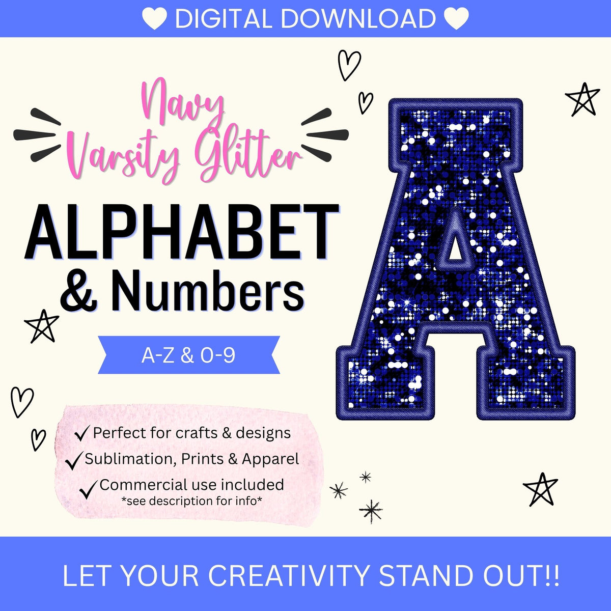 Navy Varsity Glitter Alphabet Clip Art Bundle PNG | A-Z Letters & 0-9 Numbers | Faux Glitter Varsity Letters | Commercial Use | Digital Download