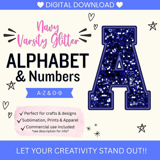 Navy Varsity Glitter Alphabet Clip Art Bundle PNG | A-Z Letters & 0-9 Numbers | Faux Glitter Varsity Letters | Commercial Use | Digital Download