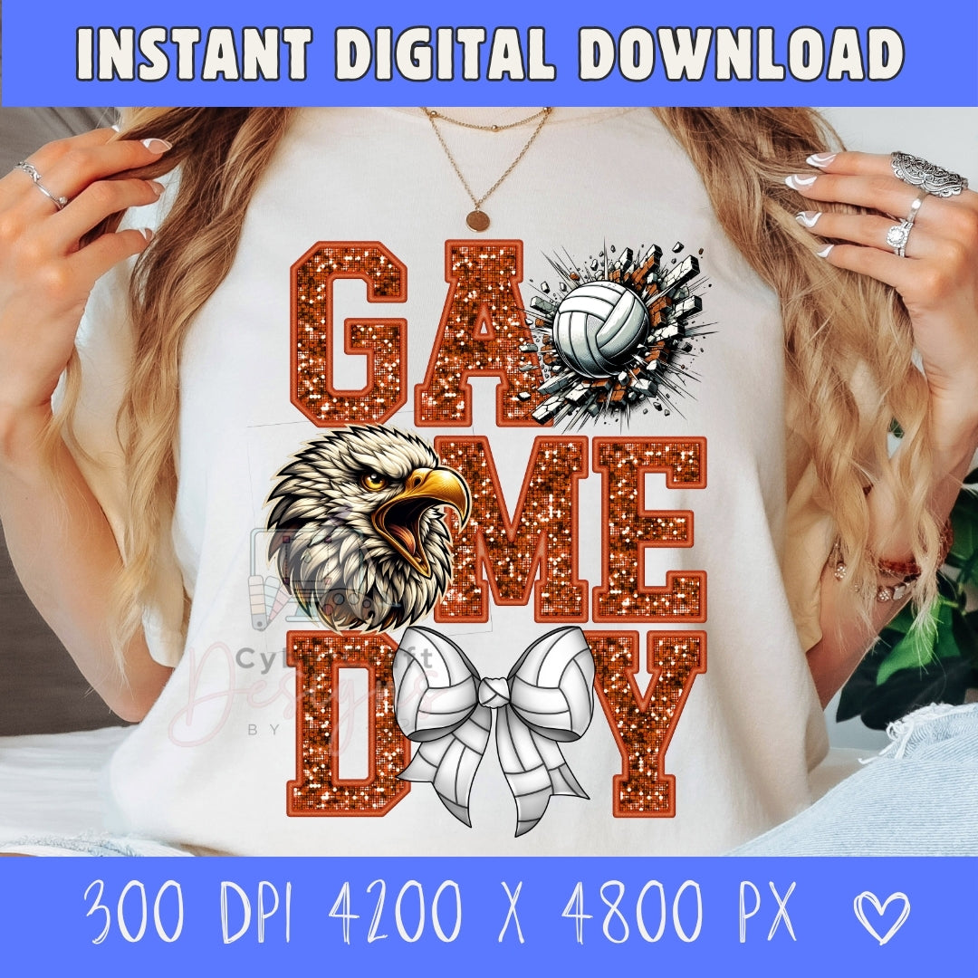 A digital mockup of a white graphic t-shirt featuring a 'Game Day' design with glittery orange letters, a volleyball, an eagle, and a bow. The image includes a model wearing the shirt, with hands and blonde hair visible, and text banners at the top and bottom indicating it is an instant digital download with high DPI sizes.