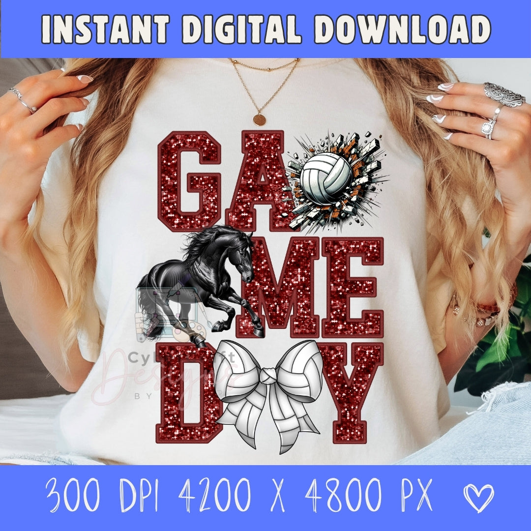 A woman wearing a white graphic t-shirt with a red glittery 'GAME DAY' design featuring a black horse, volleyball, and cheerleader bow. The image has blue banners at the top and bottom with text reading 'INSTANT DIGITAL DOWNLOAD' and size details.