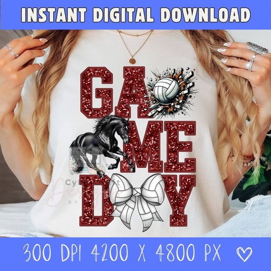 A woman wearing a white graphic t-shirt with a red glittery 'GAME DAY' design featuring a black horse, volleyball, and cheerleader bow. The image has blue banners at the top and bottom with text reading 'INSTANT DIGITAL DOWNLOAD' and size details.