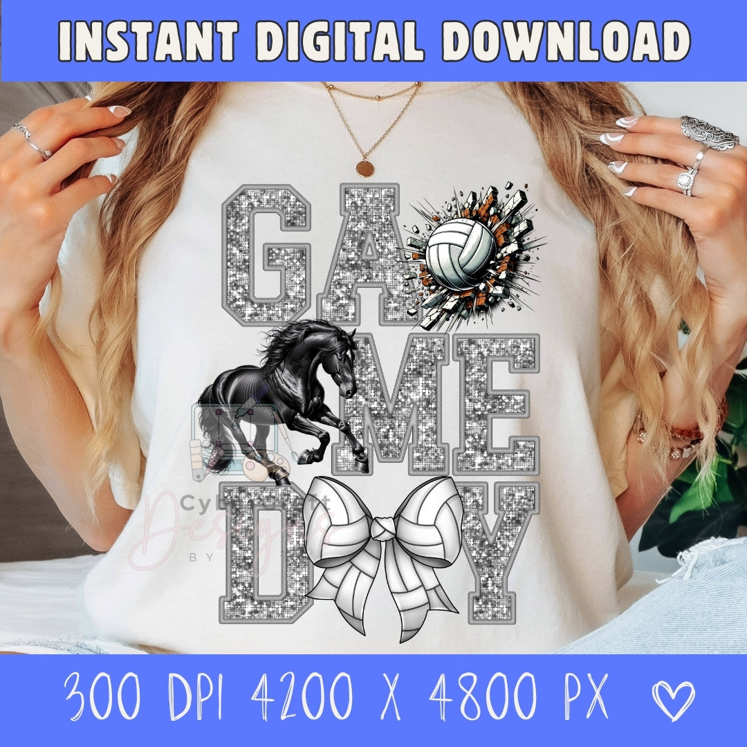 A person wearing a white graphic T-shirt with a glitter-texture 'GAME TIME' design, a black horse illustration, a volleyball, and a bow. The photo is cropped from the shoulders to the torso, with hands visible on both sides.