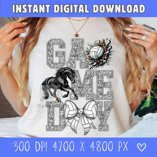 A person wearing a white graphic T-shirt with a glitter-texture 'GAME TIME' design, a black horse illustration, a volleyball, and a bow. The photo is cropped from the shoulders to the torso, with hands visible on both sides.