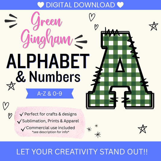 Green Gingham Alphabet Clip Art Bundle PNG | A-Z Letters & 0-9 Numbers | Commercial Use | Sublimation Alphabet | Digital Download | Printable Monogram Letters